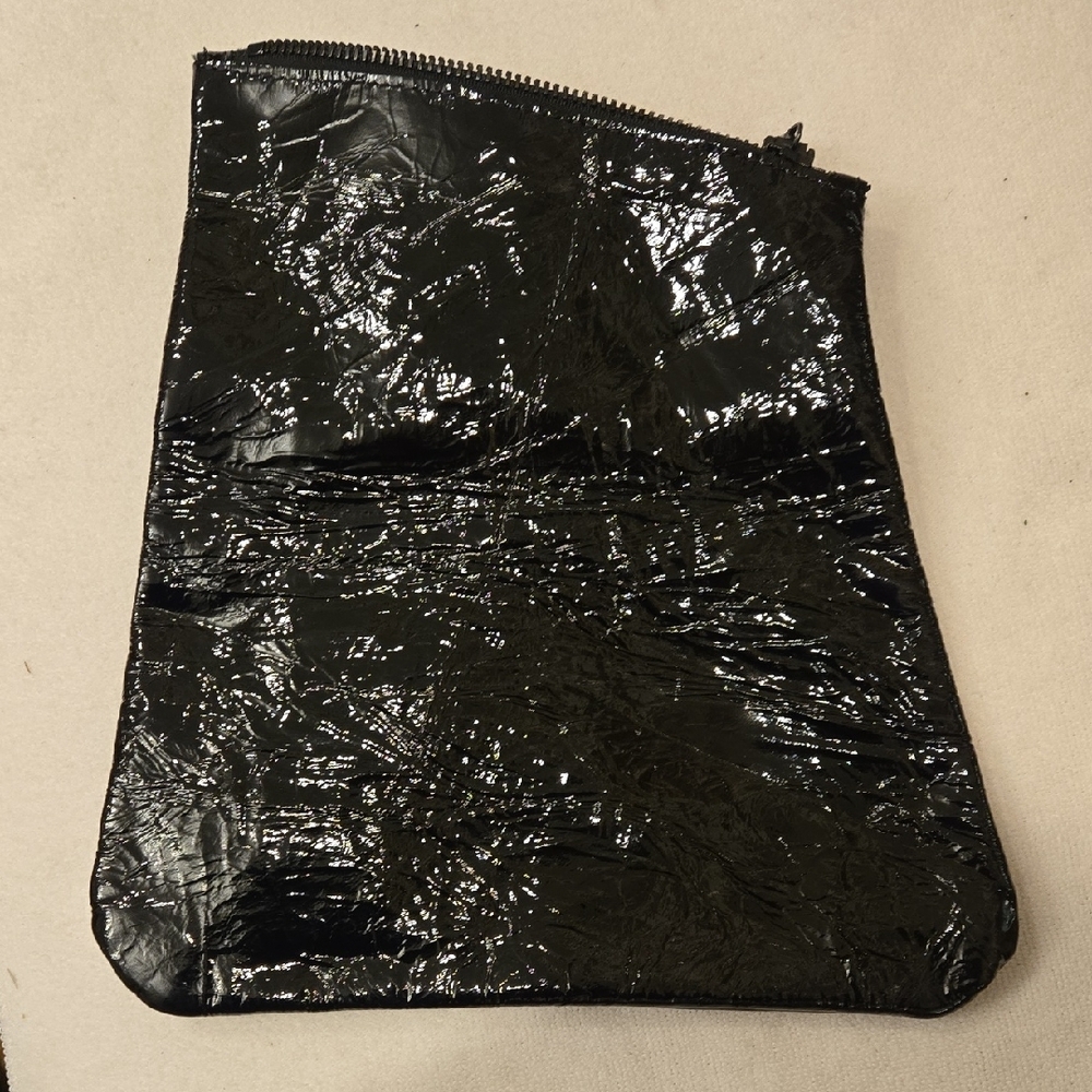 Patent Leather Foldover Clutch Bag Black Shiny Textured Evening Purse